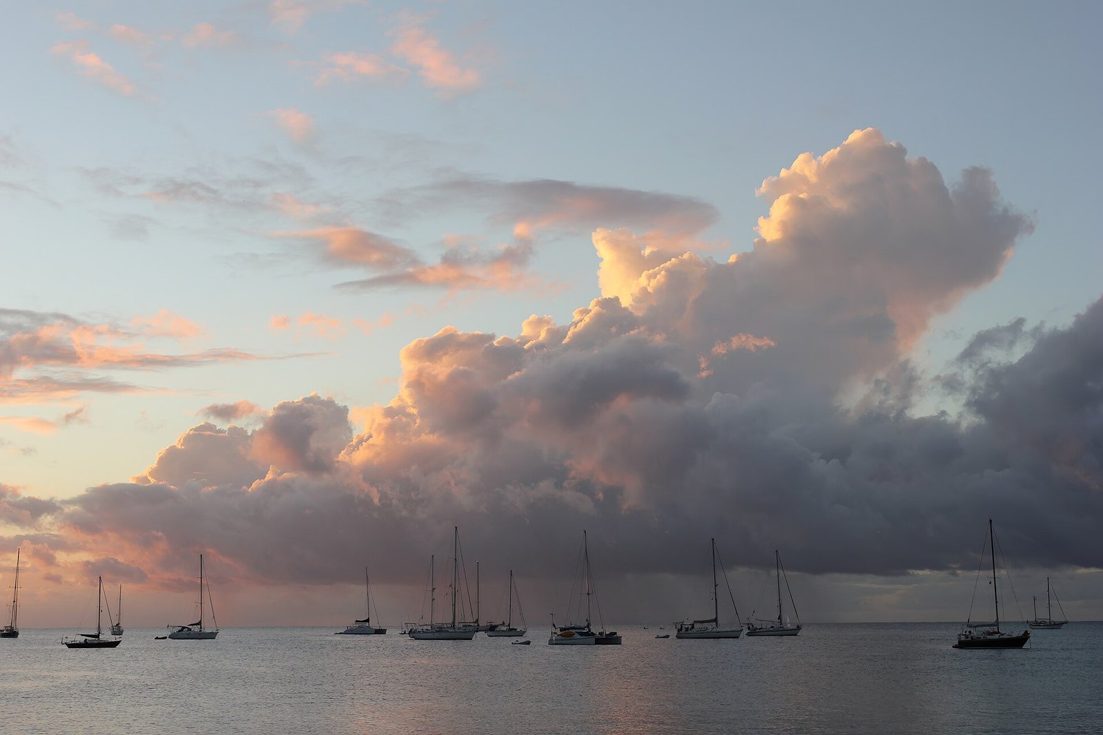 Sailboats at anchor at dusk in Rodney Bay, St. Lucia